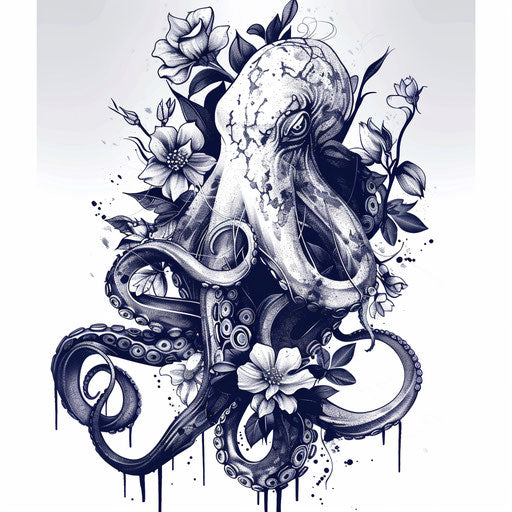 Kraken tattoo merging with floral elements