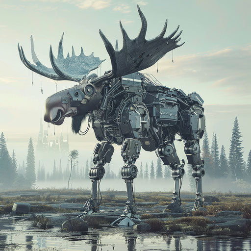 A futuristic robotic moose in a dystopian landscape
