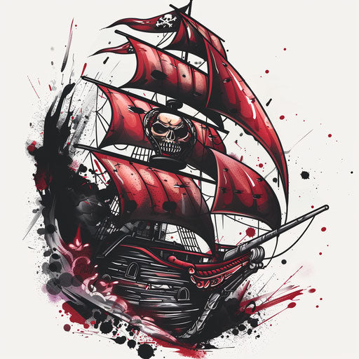 Bold tattoo sketch of a pirate ship with fierce colors