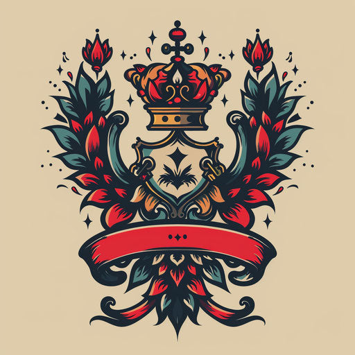 Bold and vibrant flat tattoo sketch of a family crest with heraldic symbols