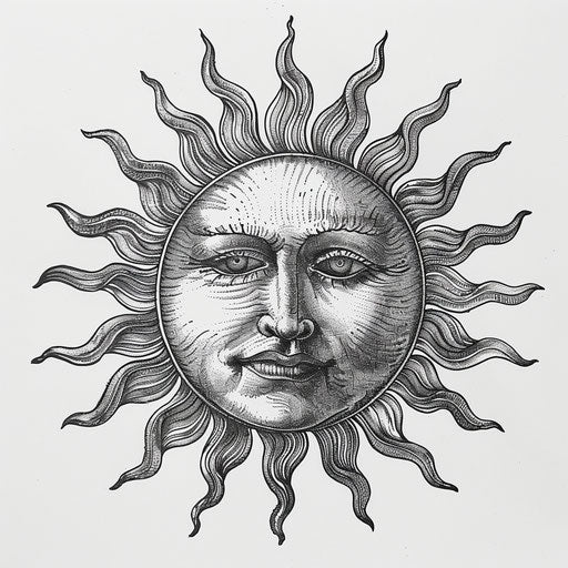 The sun drawing page with a face, in tattoo style
