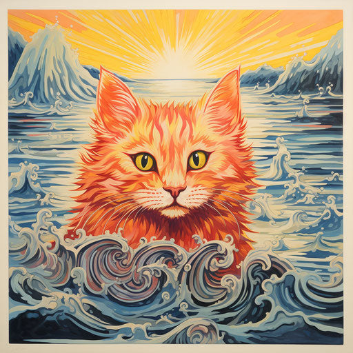 Cat swimming in a lake by the shore