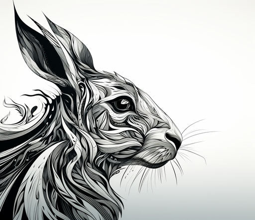 Hare's head in flowing lines, high contrast black and white