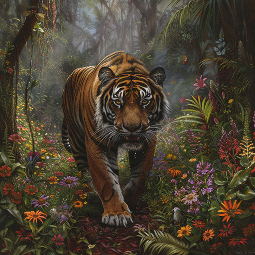 Sumatran tiger pausing to sniff the air on a forest trail