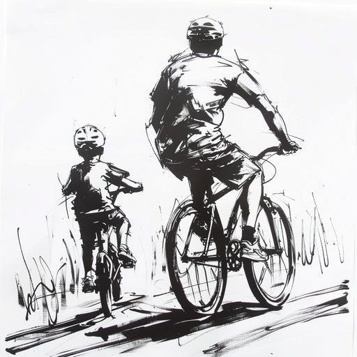Father-son bike learning in sketch-like tattoo stencil