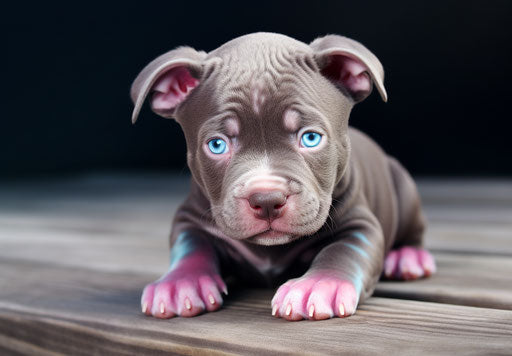 Gray pit bull puppy on table, dark white and light blue style
