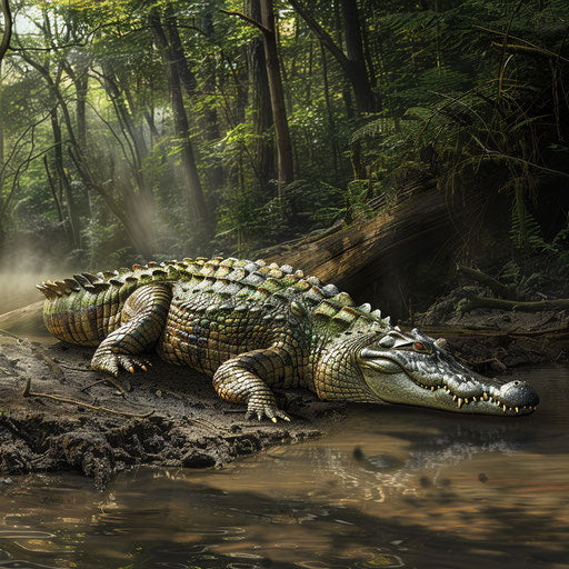 Crocodile on a muddy riverbank with a dense forest background