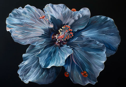 Blue flower with red eyes, shibori style, hyperrealistic illustrations