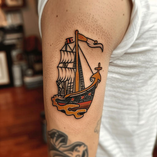 Small tattoo of a ship and anchor, Sailor Jerry style