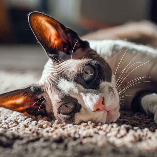 Cornish rex cat lying on a carpet