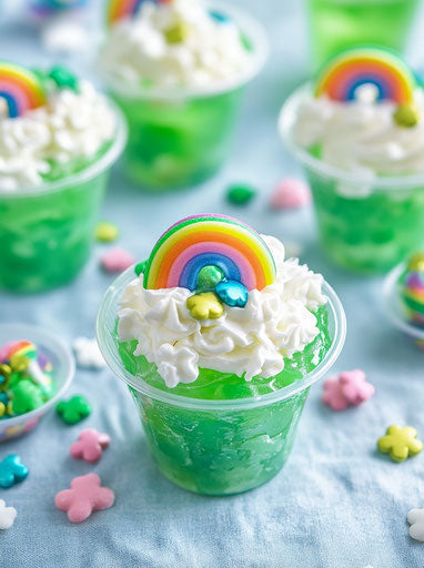 Green jello with rainbow candy on blue tablecloth