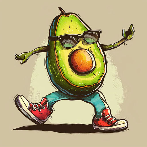 Whimsical flat tattoo sketch of a dancing avocado