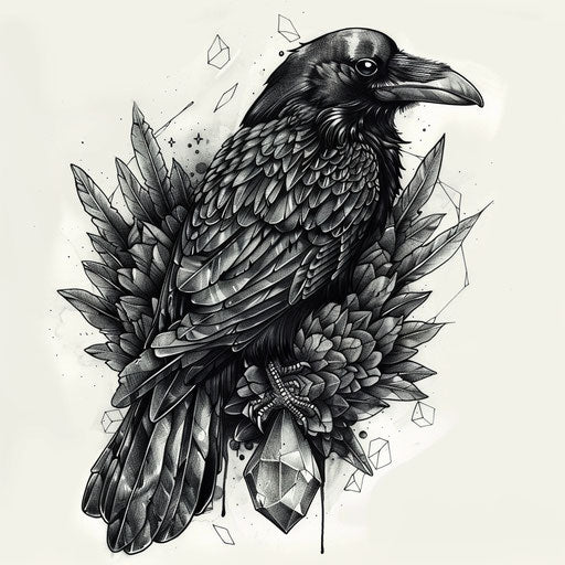 Sketch of a mystical raven tattoo with a crystal