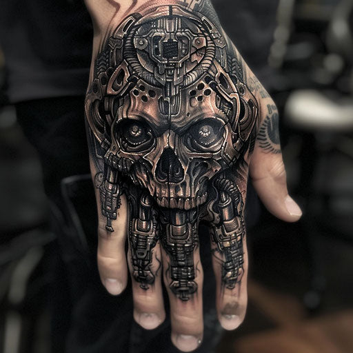 Skull hand tattoo in the style of J.P. Targete with futuristic, surreal designs