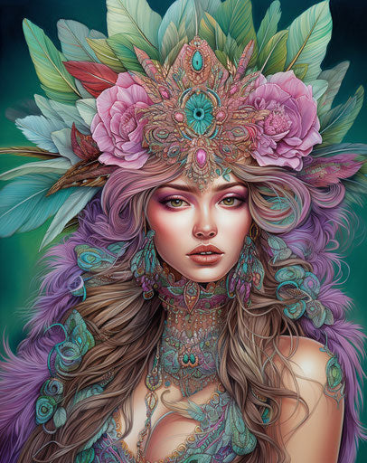 Woman jewelry feathers colorful fantasy realism detail