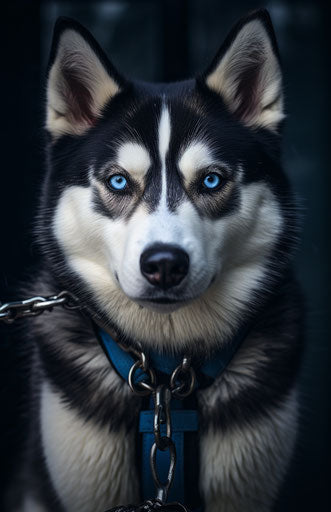 Husky dog looking at the camera in dark and light blue