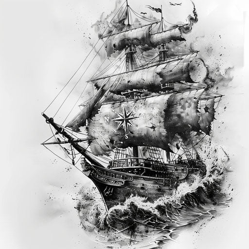 Detailed black and grey pirate ship tattoo design with swirling sea and compass on white background