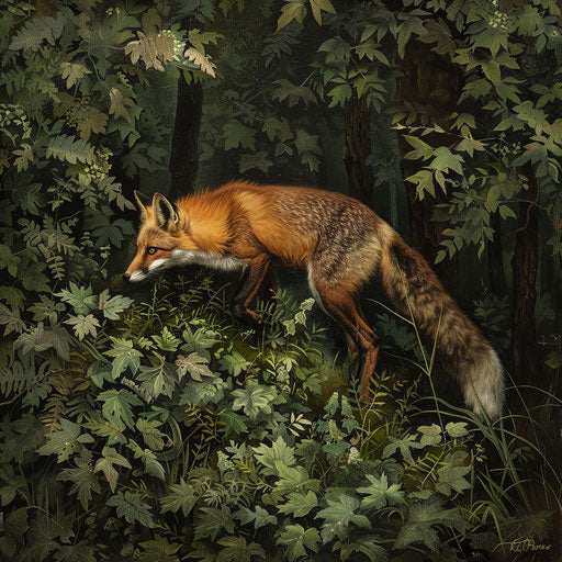 White tail fox hunting in underbrush of dense green forest