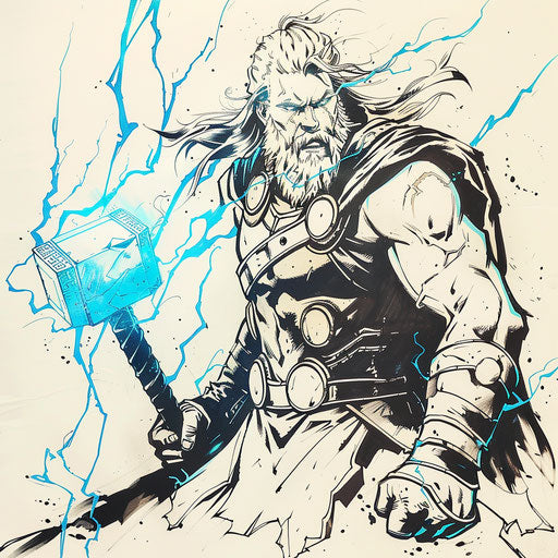 Stylized flat tattoo sketch of Thor wielding Mjolnir