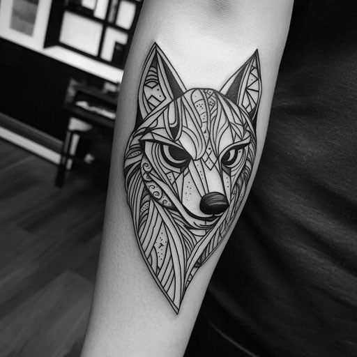 Tribal wolf tattoo in the style of Steve Sack featuring a humorous character