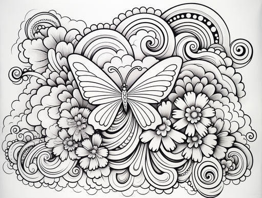 Rainbow and butterfly coloring pages with clouds and rainbows
