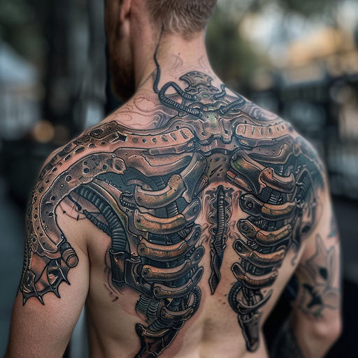 Biomechanical tattoo with intricate details