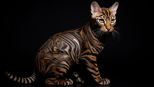 Bengal cat, dark tonalities, indigenous motifs, marbled