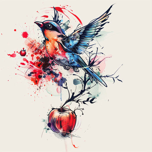 Dynamic tattoo sketch of apple transforming into bird in flight