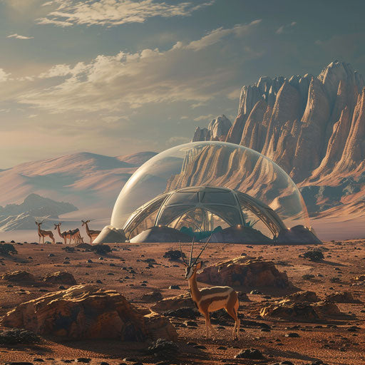 Space habitat dome on Mars with gazelles in an interplanetary zoo