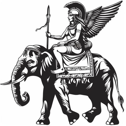 Cleopatra on a war elephant, bold and historic, on white.
