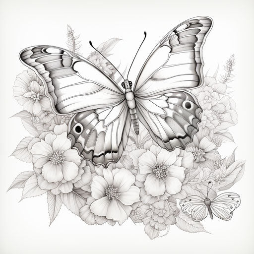 Coloring page with a butterfly and flowers, intricately sculpted style