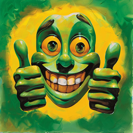 Bold green approval with shiny eyes