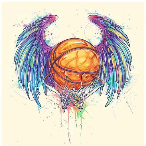 Whimsical sketch of a basketball with wings tattoo, clipart style