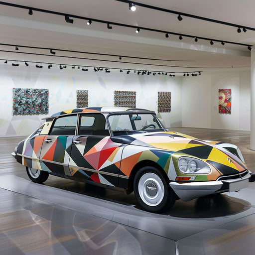 Minimalist Citroen DS 20 art car with abstract geometric patterns