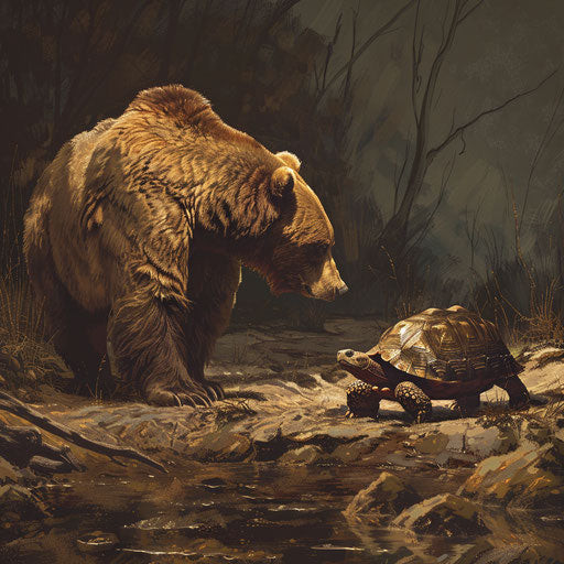 A grizzly bear's encounter with an old, wise tortoise, a meeting of different worlds.