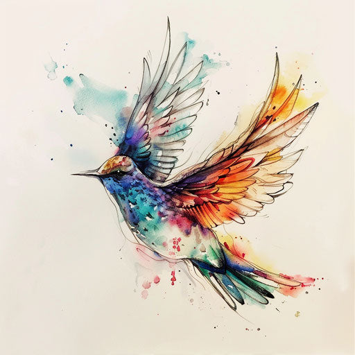 Watercolor tattoo sketch of a silver bird with blending colors and a translucent effect