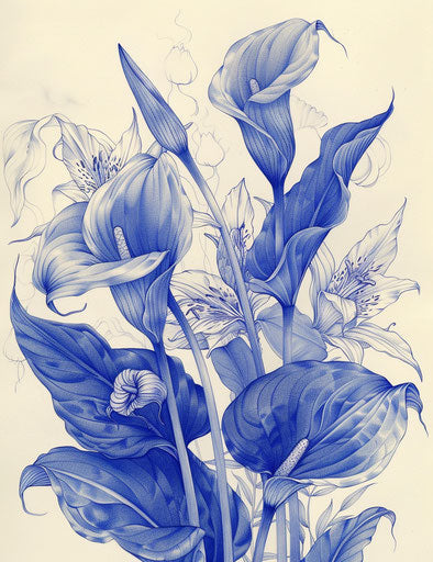 Blue drawing of lilies, detailed linework style, detailed miniatures