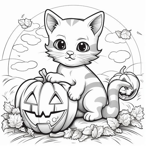 Halloween cat coloring page on the pumpkin, in the style of comic book-influenced, animated gifs, #screenshotsaturday
