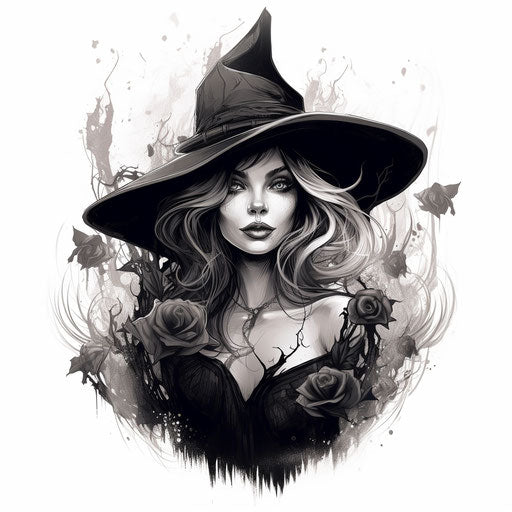 Art print witches in hat tattoo