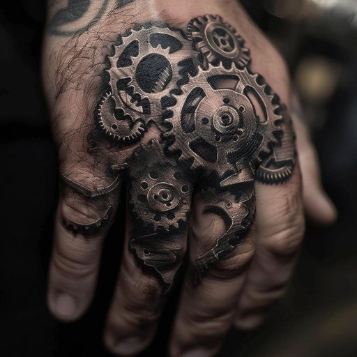Finger tattoos for men in the style of Adrian Smith featuring mechanical gears