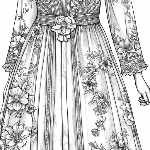 Detailed bohemian dress with floral and paisley patterns. Coloring book page