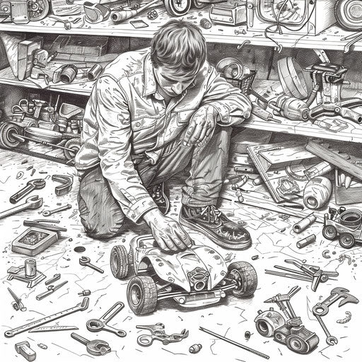Father repairing toy car with spread out tools