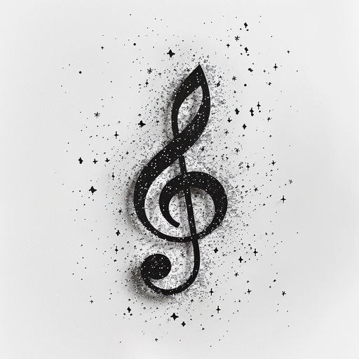 Classic black treble clef surrounded by sparkling stars on white