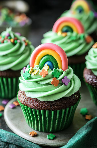 St. Patrick's Day cupcakes with green frosting and rainbow candy