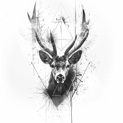 Abstract geometric deer skull tattoo design with sharp angles and a monochrome palette, on white background