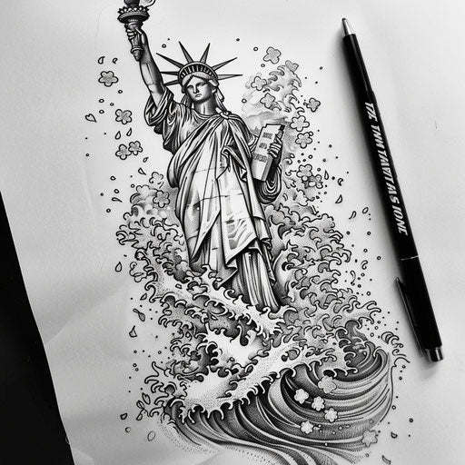 Sketch of Japanese Irezumi style tattoo of the Statue of Liberty with waves and cherry blossoms