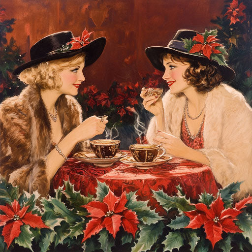 1920s Christmas tea party, ladies in cloche hats and fur stoles