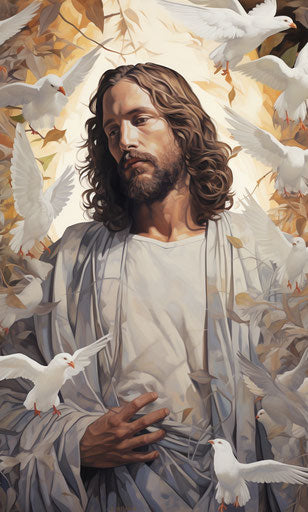 Jesus with a pair of doves, hyper-detailed illustration