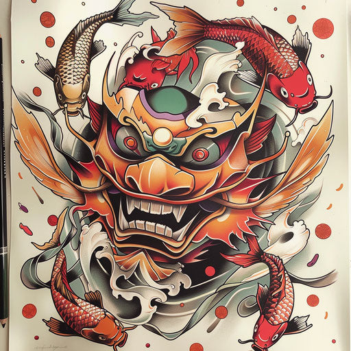 Vibrant flat tattoo sketch of a Hannya mask surrounded by colorful koi fish