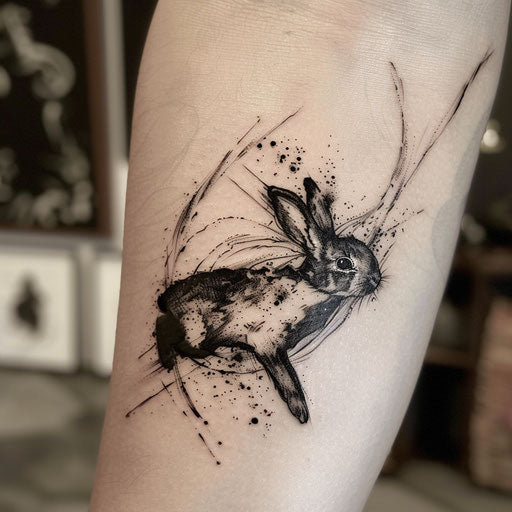 Dynamic flat tattoo sketch of a leaping black rabbit